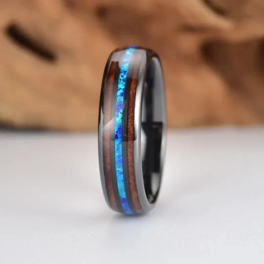 The Glacier Ring - Black Ceramic Koa Wood Blue Opal Women's Wedding Band 6MM