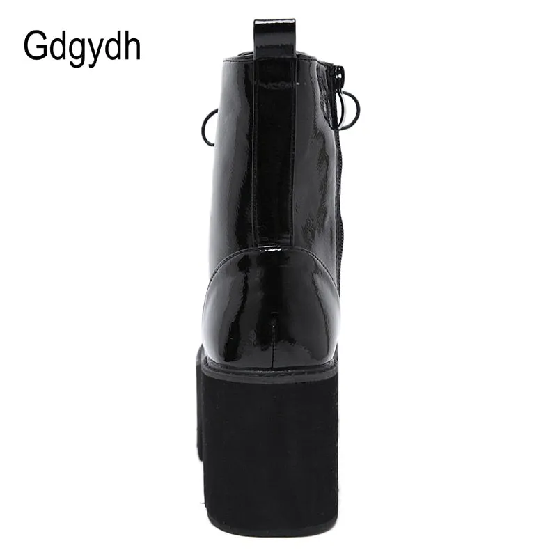 Woman's Lace Up Chunky Wedge Platform Boots Black Shiny Faux Patent Leather Goth Ankle Boots